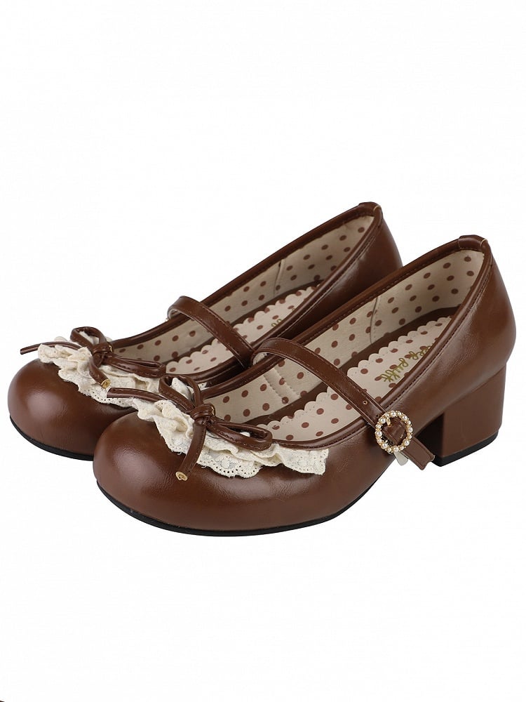 Knotted Accent Toe Round Janes Mary Chocolate Lace Heels Brown Bow Trim 2.2CM/4.3CM