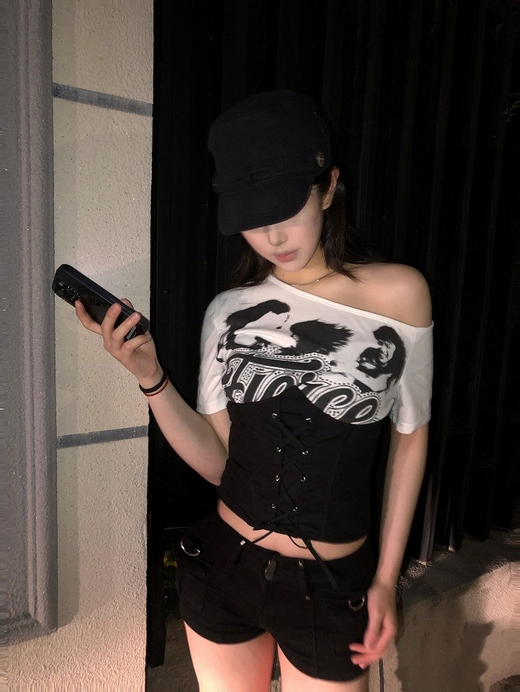 Waist with White Black / Asymmetrical Lace-up Neckline T-Shirt