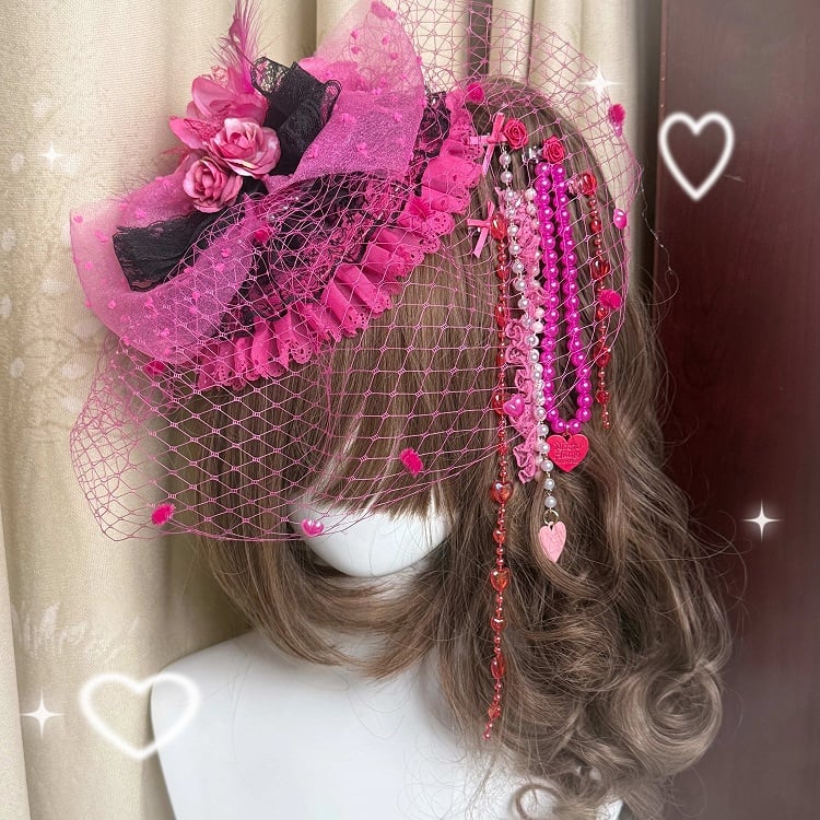 Hairclip Fashion Rose Bead Pink with Mini Hat Gyaru Heart Hot Chain Hime Set