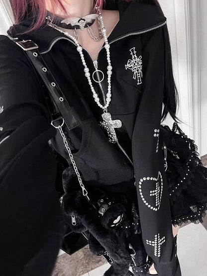 クロスとほろ苦いフード付き耳付き黒猫ハートデザインジャケット