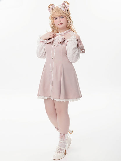 Rosa Illusionsausschnitt, ausgeschnittene Schulter, Jirai Kei-Kleid mit langen Ärmeln und Fliege