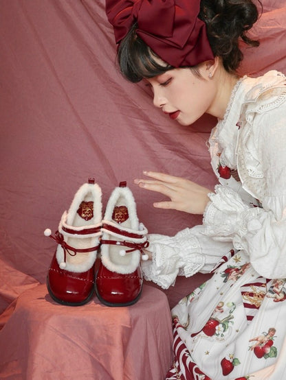 Lining Mary Bow - Sweet Pompom Lolita PU Plush with Wine Janes Mid-heel Accented Red