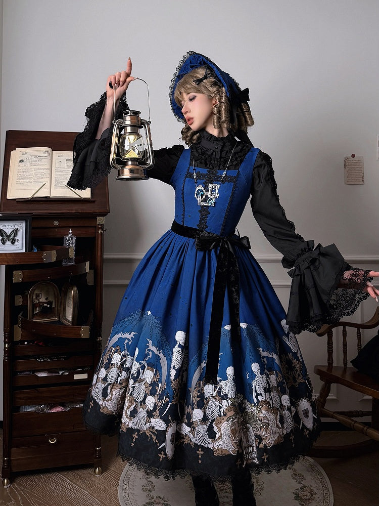 Blue Square Neck Skeleton Cross Gothic JSK Dress - NnSTAR