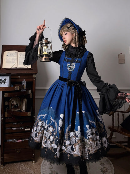 Blue Square Neck Skeleton Cross Gothic JSK Dress - NnSTAR