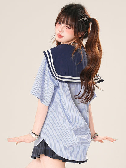 Kawaii Striped With Daily Pattern Bow Blue Sailor Tie Collar Shirt