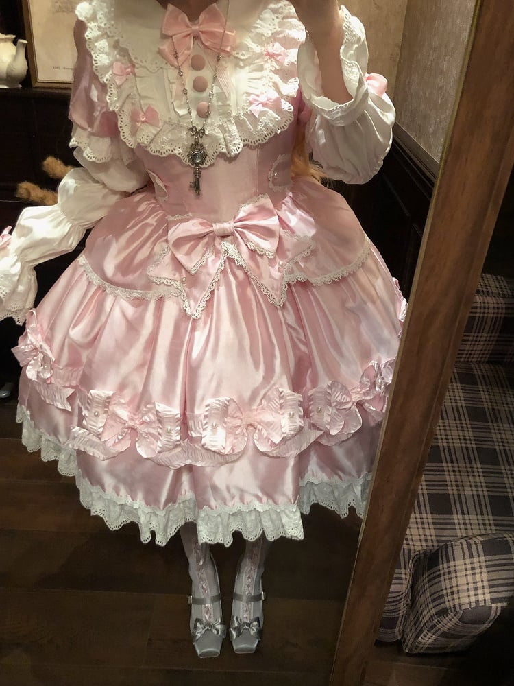 Trimmed Pink White and Bow Sweet Lace Bead Details with Dress Lolita
