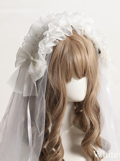 Yellow/White Lolita Sheer Bow Veil Ruffled Light Accent and KC with Tulle