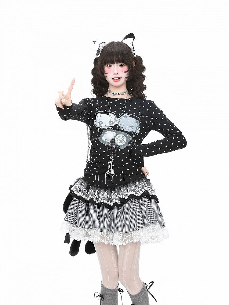 Cartoon Print Dot T-Shirt Black Y2K Polka Sleeve Long And