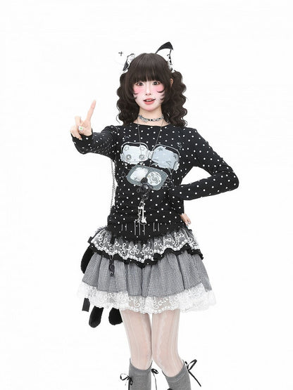 Cartoon Print Dot T-Shirt Black Y2K Polka Sleeve Long And