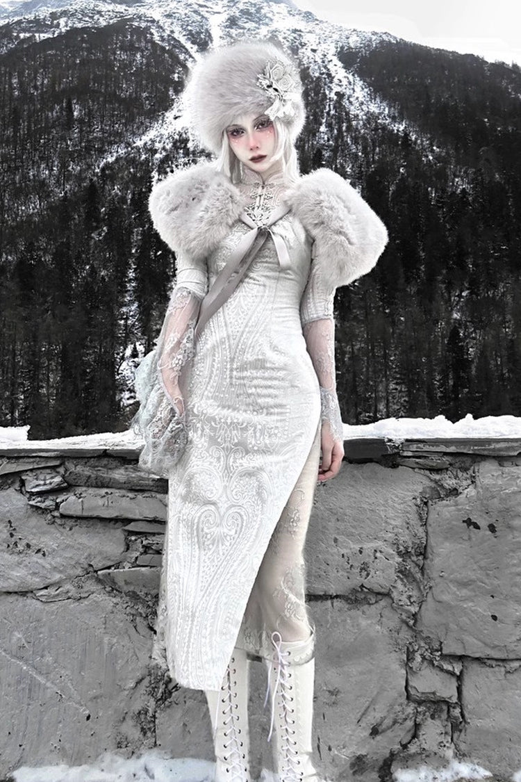 Silver V-Neck Long Sleeves High-Waisted Ruffle Lace Gothic Fishtail Dress