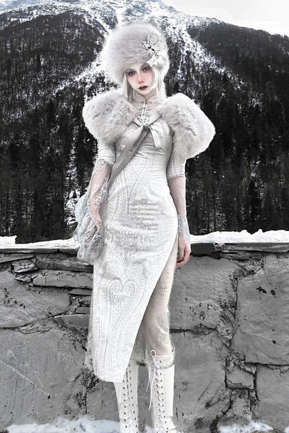 Silver V-Neck Long Sleeves High-Waisted Ruffle Lace Gothic Fishtail Dress