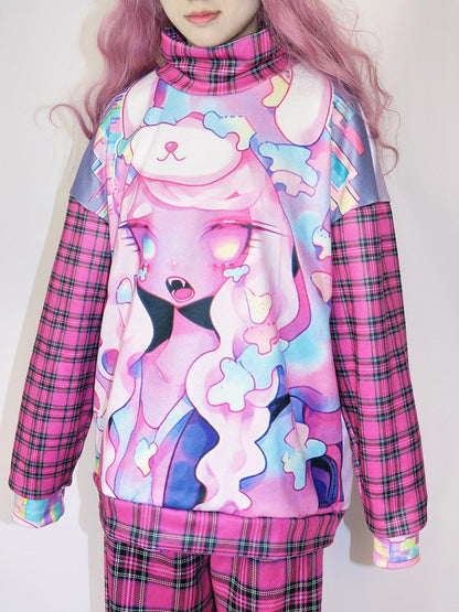 漫画とチェック柄プリントのオーバーサイズスウェットシャツ ギャルローズファッションレッド