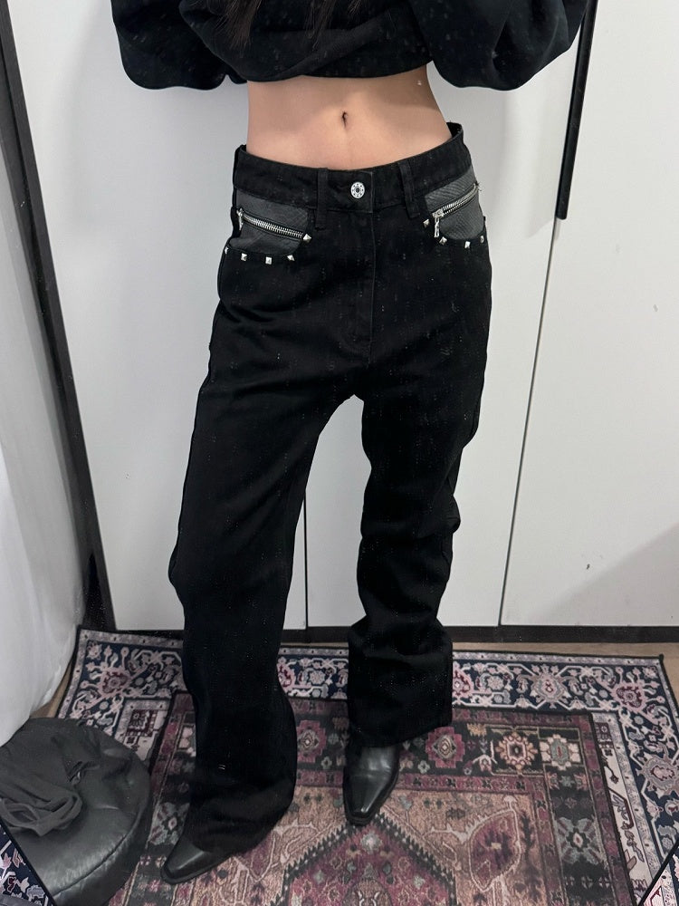 Genderless Punk Faded Black Jeans with Snake Pockets & Studs - DETW OnLine