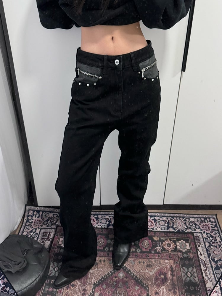 Unisex Punk Distressed Black Stacked Denim with Snake Leather Pockets & Studs - DETW OnLine