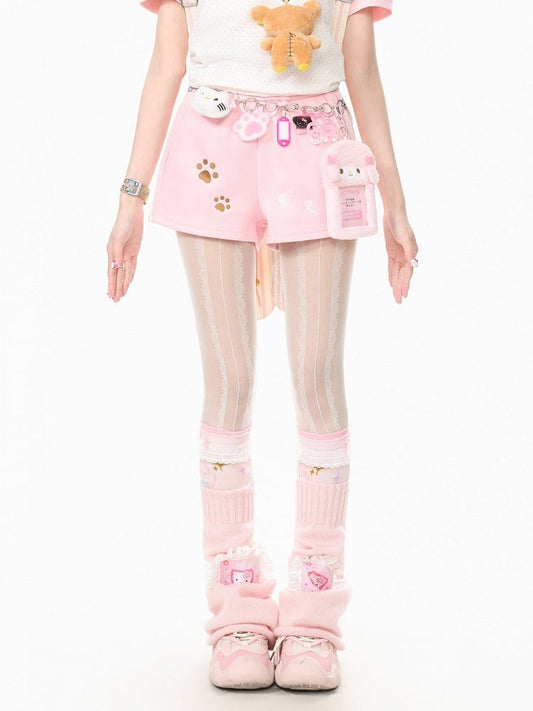 Otaku Kawaii Pink Shorts Featuring Bear Theme Embroidered Design - Languid Park