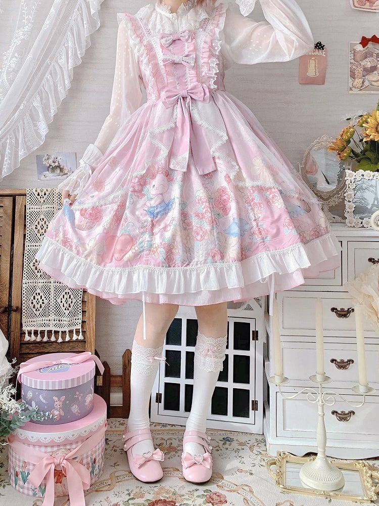 with JSK Dress Lolita Train Floral Pink Tulle Bunny Print Sheer