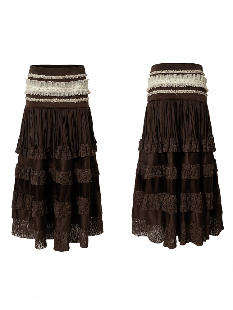 with Layered Trim Waist Ribbon Skirt Vintage Brown Lace Bohemian Suede Bead