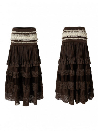 with Layered Trim Waist Ribbon Skirt Vintage Brown Lace Bohemian Suede Bead