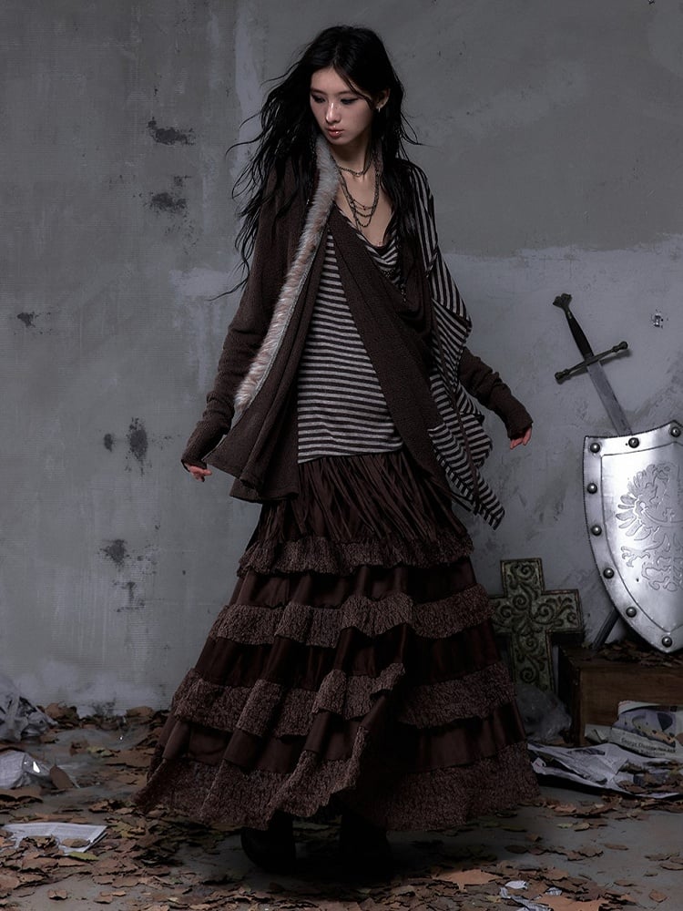 with Layered Trim Waist Ribbon Skirt Vintage Brown Lace Bohemian Suede Bead