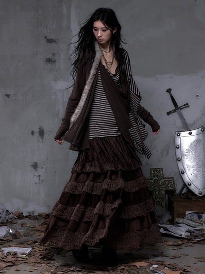 with Layered Trim Waist Ribbon Skirt Vintage Brown Lace Bohemian Suede Bead