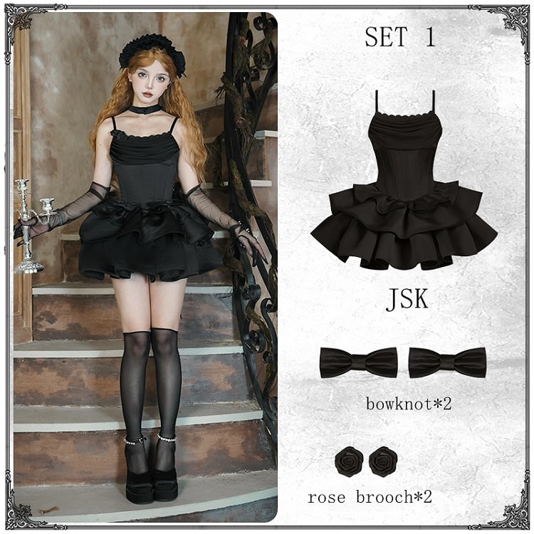 Lolita Vollschwarzes Spaghetti-Set mit Entbeinung, eleganter Taillen-Casual-Baskenrock, Ausschnitt, Kleid, Pullover