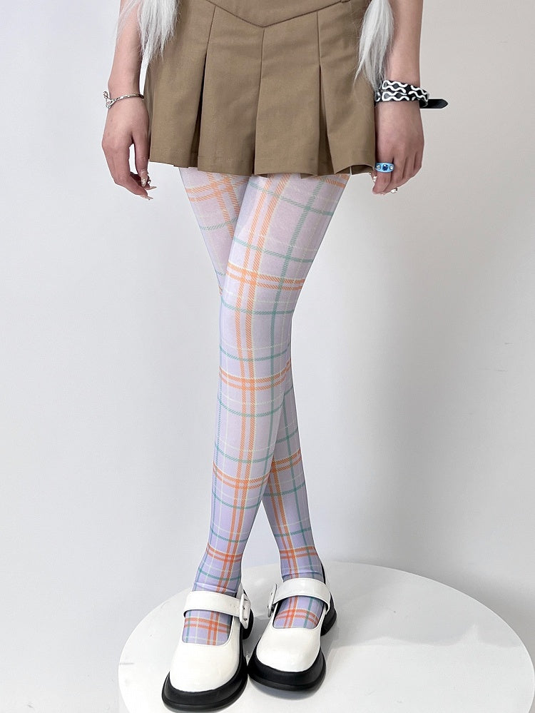 Tights Plaid Y2K WhiteGreen/Purple