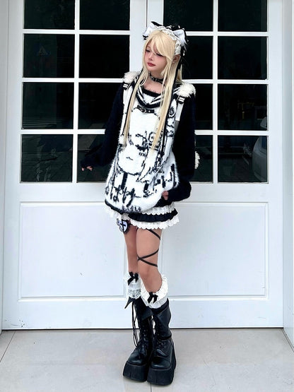 Plush Oversized with Girl Sweater Design Collar - Black/Blue/Pink Fit Cartoon Sailor