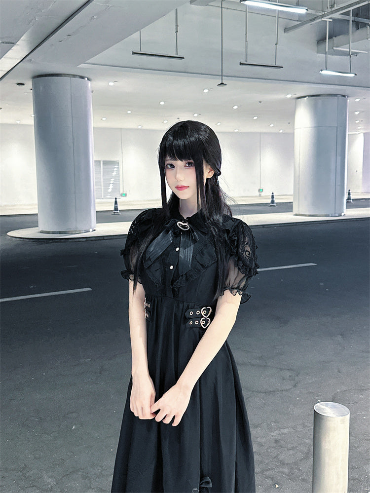 Hem Ruffles Tiered Dress Jirai Kei Black Chiffon Heart Buckles Waist