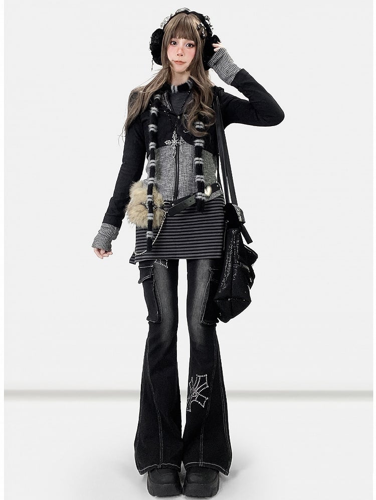 Striped Black Fake Two-Piece Pattern Hoodie Accents Jacket Rhinestone