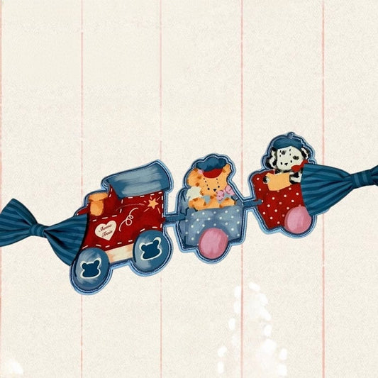 Red and Blue Toy Train Applique Ribbon Dress Accessory