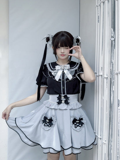 Pockets Light Jirai Skirt with Blue Kei High-Waisted Heart-Shaped Tiered