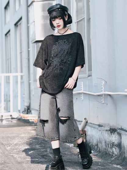 Black Detachable Sleeve UV Tee with Sea Lily Print - Quirky Hut