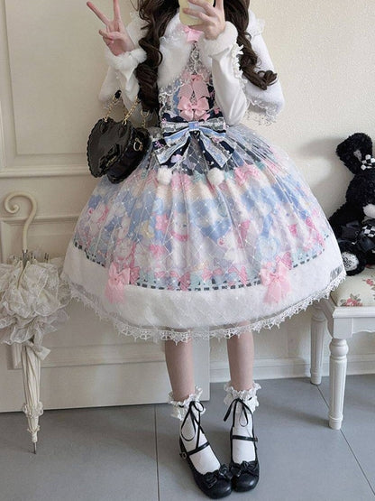 Pink Trim Bow Lolita Fur Dark Accents Hem Print Sweet Cat with and Dress Blue