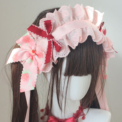 Strawberry Bowknot Details Lace Trim Pink Hairband