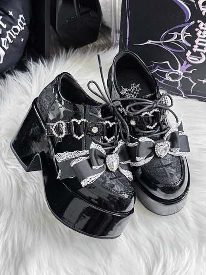 Rhinestone Heel Bow and Platform Toe Jirai Black Janes: with Cross PU Mary Heart Kei Embroidery