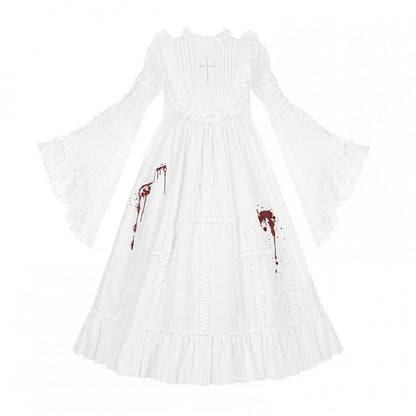 Long and Neckline Shaped Ruffles Ruffled Blood Version with Cross Lolita Embroidery Gothic Dress White