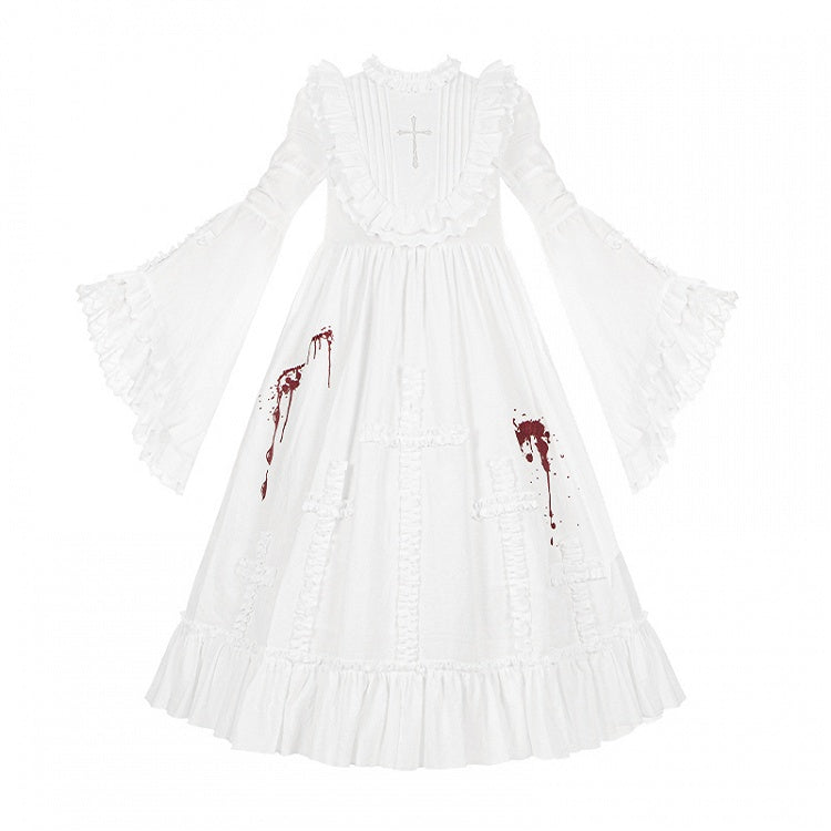 Gothic Lolita Dress with Blood Embroidery, Cross Ruffles & Ruffle Neckline, White Long - With PUJI