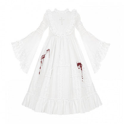 Gothic Lolita Dress with Blood Embroidery, Cross Ruffles & Ruffle Neckline, White Long - With PUJI