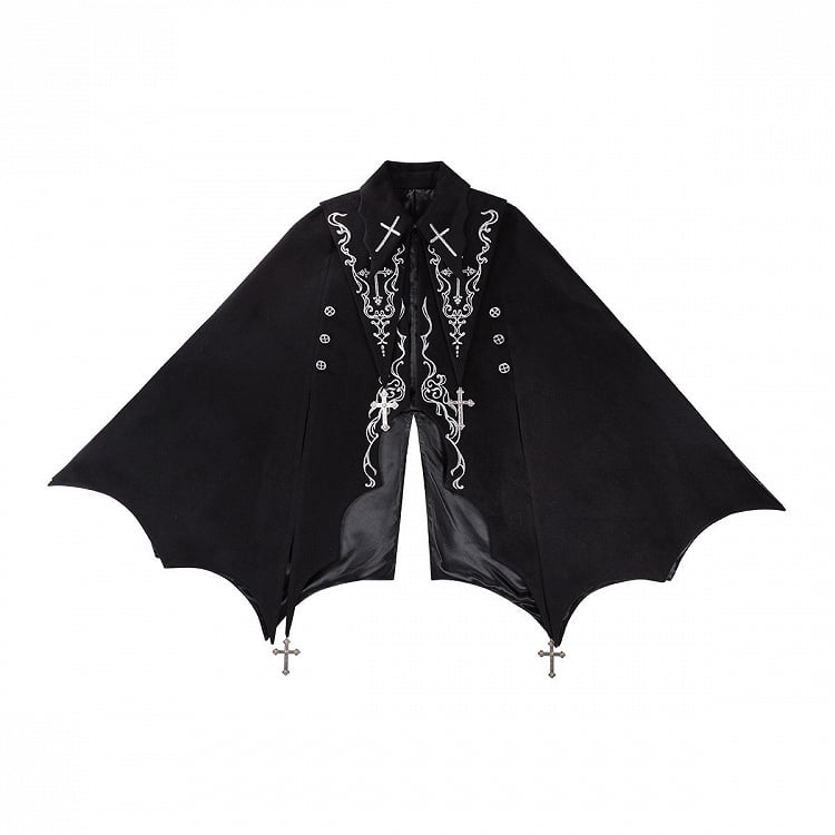 Hem Sleeves Cross Shorts Black Ouji Lolita Curved + Embroidery Bat-Wing Cape Long Top Gothic