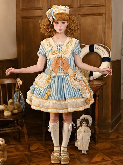 Striped Low Waist Sailor Lolita Dress with Embroidered Collar - Twin Bear Original Design