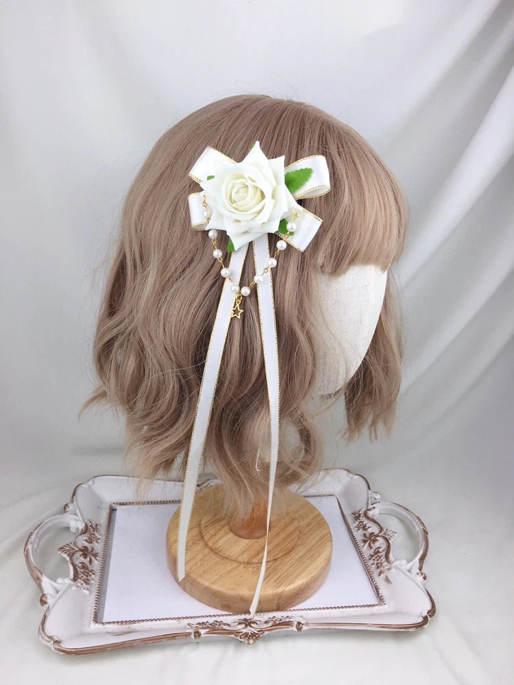 Ribbon Options) Hair (Multiple Color Pearl Rose Clip