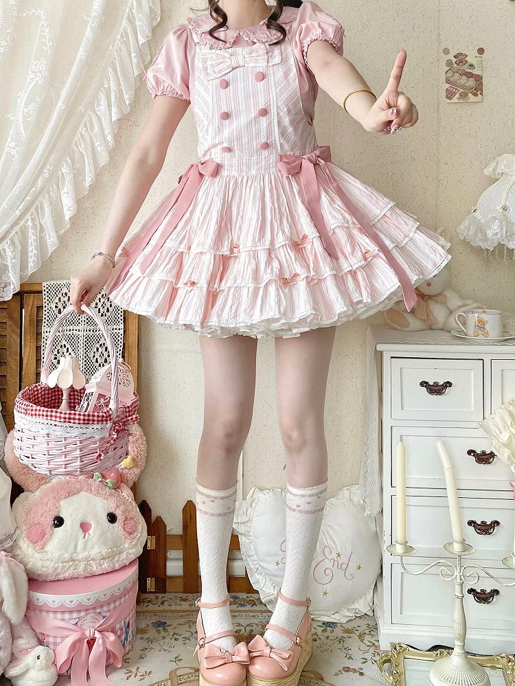 Layered Overall Lolita with Sweet Pink Ruffle Striped Dress Bow Accents