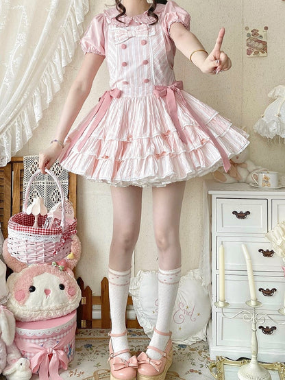 Layered Overall Lolita with Sweet Pink Ruffle Striped Dress Bow Accents