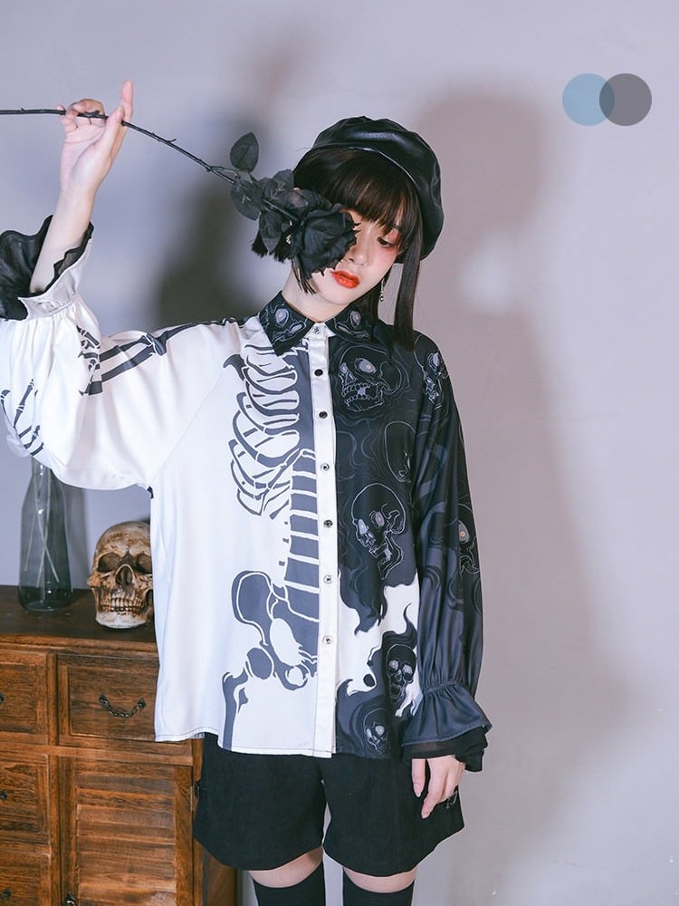 Gothic Black and White Balloon Sleeve Shirt with Asymmetric Skeleton Print - Quirky Hut
