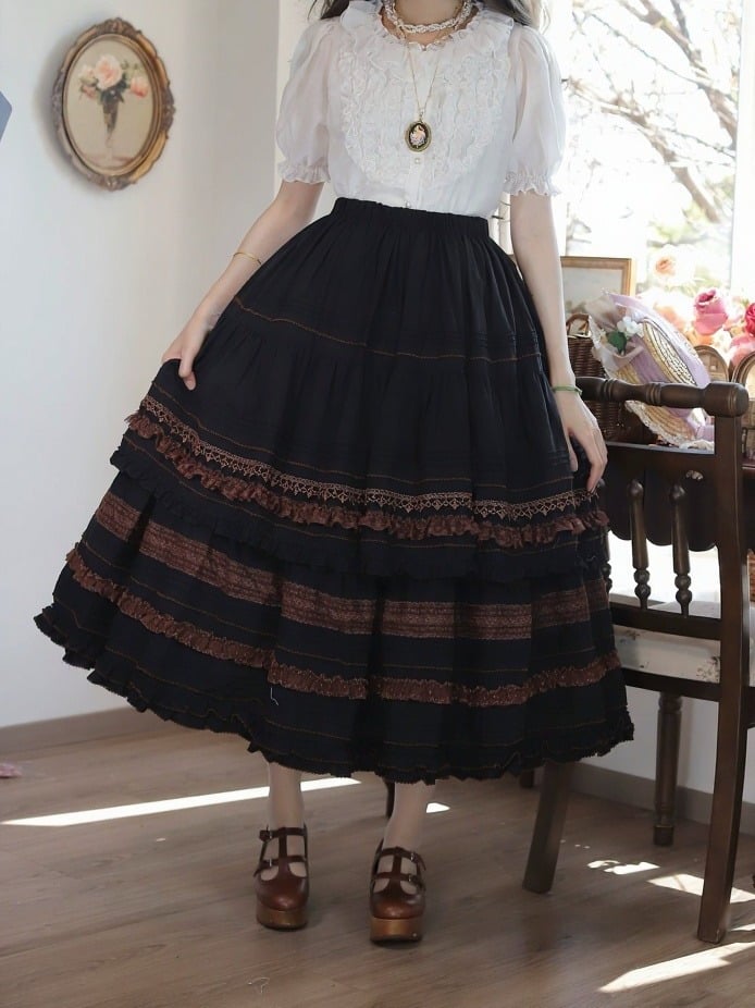 Vintage Black Skirt with Coffee Lace Trim - Tiny Garden