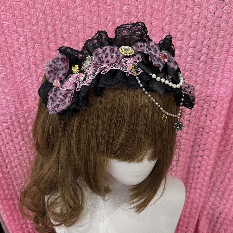 Hairband Chain Print Gyaru Pearl Lace Leopard Hime Fashion with Five-Color