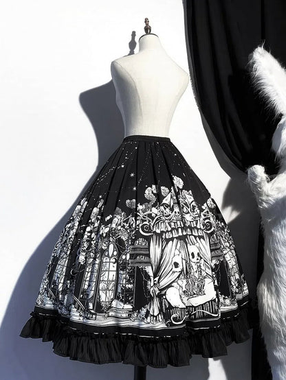 Sizes Cat Dark Plus Skeleton Black Lolita Available Skirt Print Gothic