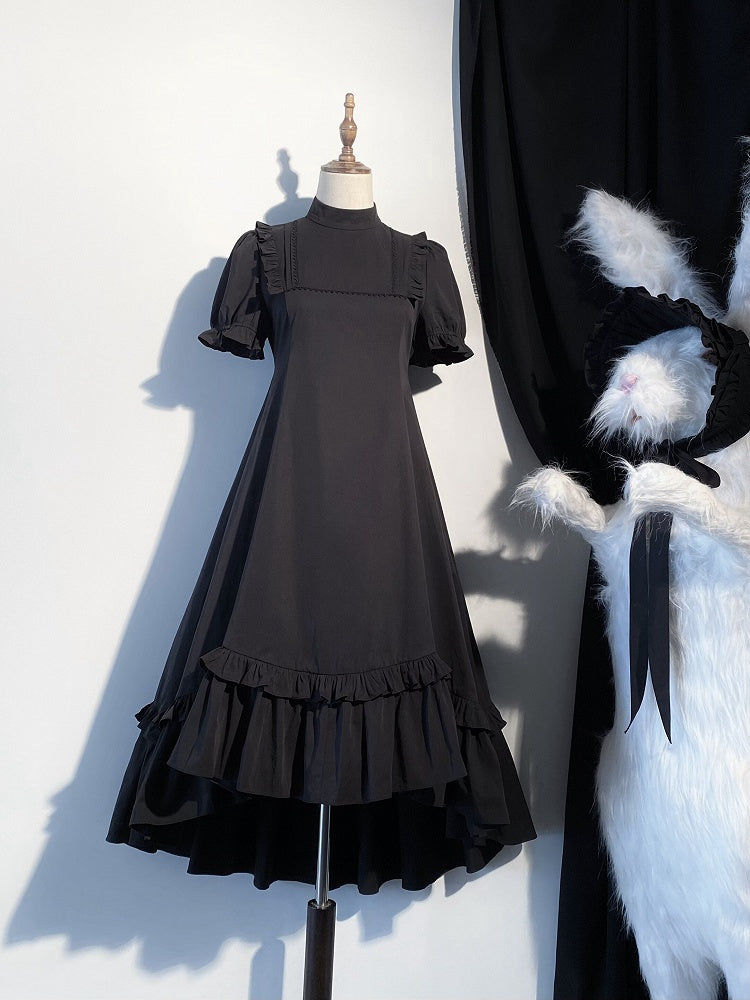 Black Gothic Lolita High-Low Ruffled Dress with Cross Patches - Blossom Herald