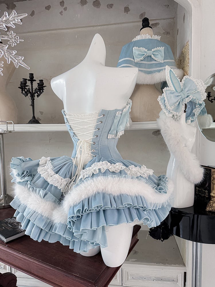Blue Bunny Ears Bowknot Bodice Layered Skirt Boning Dress + Cropped Cape Top Set