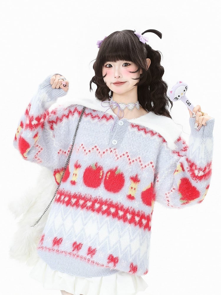 Daily Christmas Apple in Purple Bow with Pink/Light Patterns Kawaii Sweater